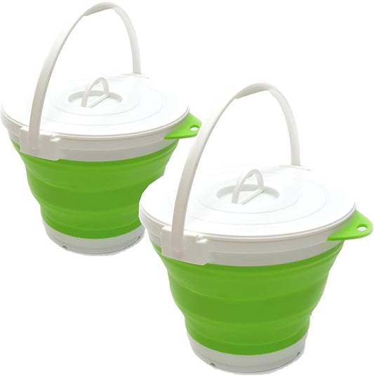 SAMMART Set of 2-10L (2.64Gallon) Collapsible Fishing Bucket Locking Lid, 31cm Dia. (2, Green)