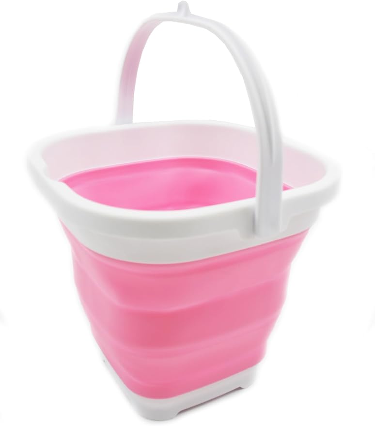 SAMMART 2.6L (0.68 Gallon) Super Mini Sqare Collapsible Plastic Bucket - Foldable Square Tub - Portable Fishing Water Pail - Space Saving Outdoor Waterpot (1, White/Pink)