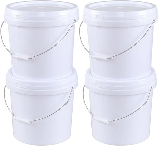 4 Gallon Plastic Round Bucket Pail with Lid, 4-Pack Food Storage Buckets with Handles, White