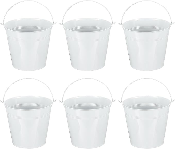 PATIKIL 7"x6.4" Small Metal Buckets with Handle, 6 Pcs Mini Galvanized Bucket Colorful Easter Buckets for Crafts Party Favors Decoration, White