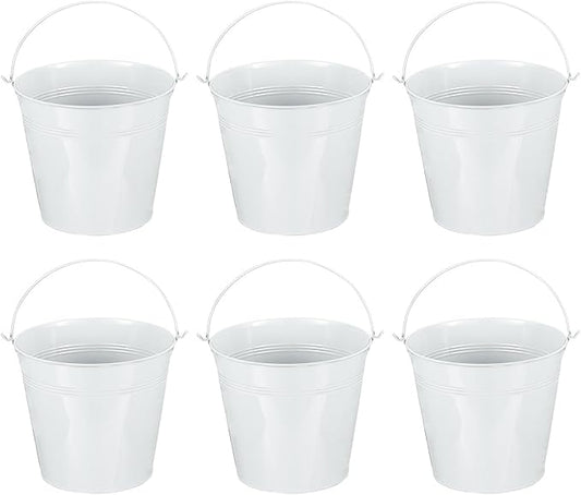 PATIKIL 7"x6.4" Small Metal Buckets with Handle, 6 Pcs Mini Galvanized Bucket Colorful Easter Buckets for Crafts Party Favors Decoration, White
