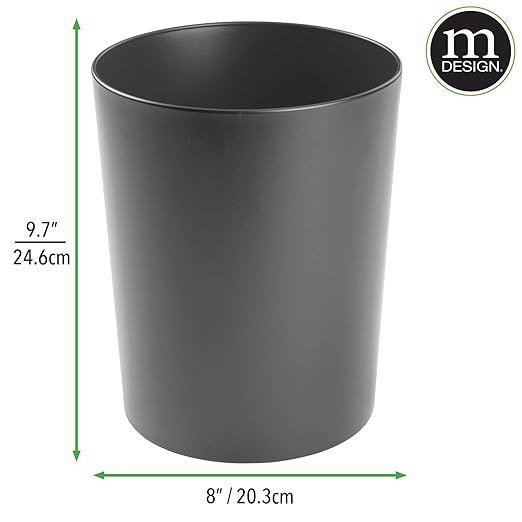 mDesign Round Metal Small 1.7 Gallon Recycle Trash Can Wastebasket, Garbage Container Bin for Bathrooms, Kitchen, Bedroom, Home Office - Durable Stainless Steel - Mirri Collection - Graphite Gray