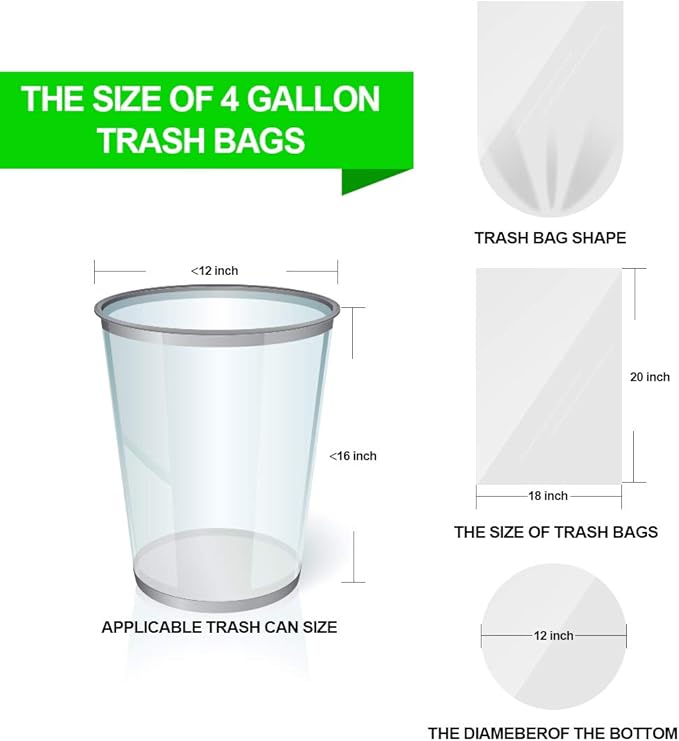 FORID Clear Small Trash Bags - 4 Gallon Garbage Bags Wastebasket Bin Liners 220 Count Plastic Trash Bags for Bathroom Bedroom Office Trash Can
