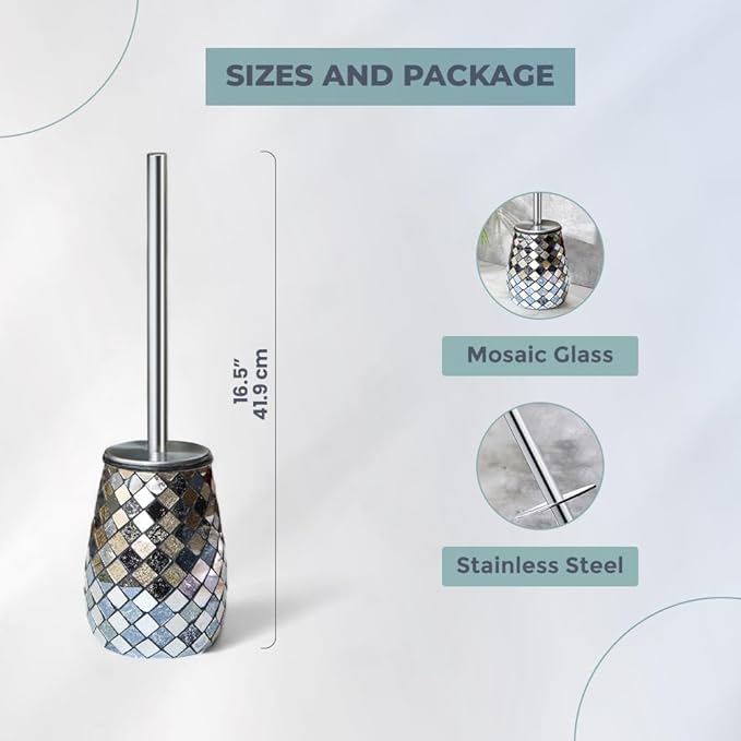 Escenzy Modern Toilet Brush and Holder Set Mosaic Glass | Non-Rustic Stainless Steel | Practical & Decorative Toilet Bowl Brush and Holder | Luxury Black and Gold Bathroom Accessories