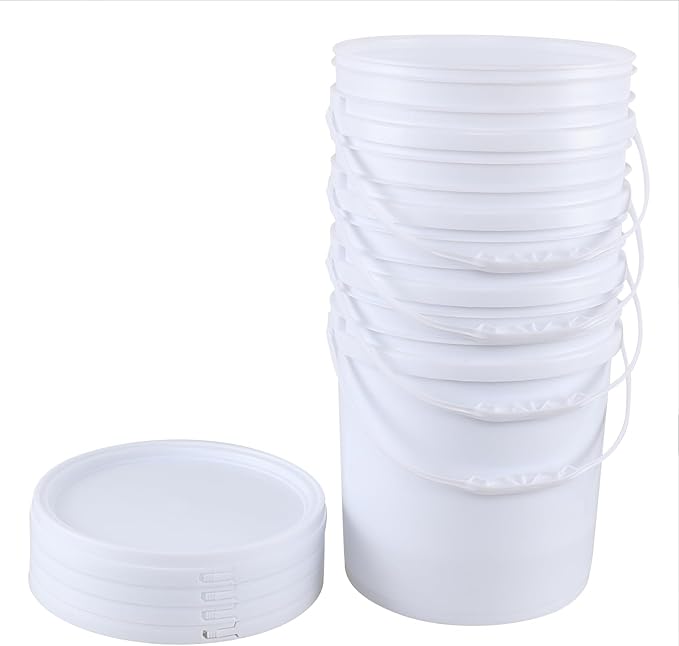 7 Gallon Round Food Grade Bucket with Handle, White Plastic Pail with Lid, 4 Packs