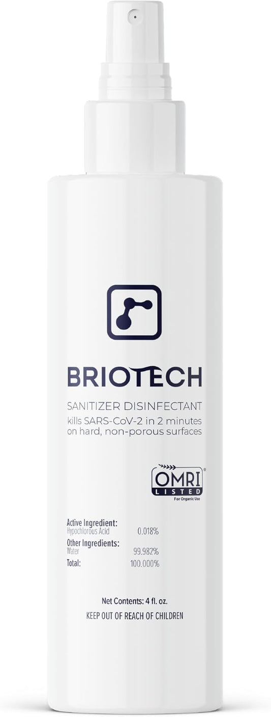 BRIOTECH Sanitizer Disinfectant Hypochlorous Spray, Kill 99.99% of Viruses & Bacteria, Control Mold, Eliminate Odor, Gentle for Nursery & Play Rooms, Food Contact Surface Sanitizer, 4 fl oz