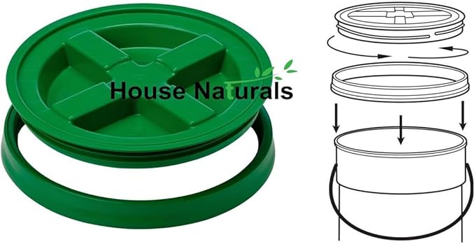 House Naturals 5 Gallon Plastic Yellow Food Grade BPA Free Made in USA Bucket Pail with Air Tight Double Gasket Screw on Lid(Pack of 3) (Yellow and Green lids)
