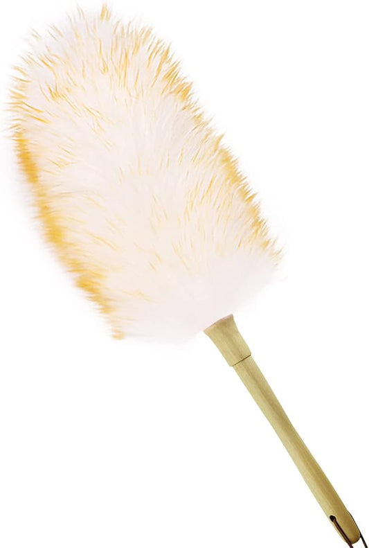 Lambs Wool Duster for Cleaning Window Blinds Computer Furniture TV Computer Screens Bookshelves Solid Wooden Handle Natural Feather Duster,16'', Yellow&White