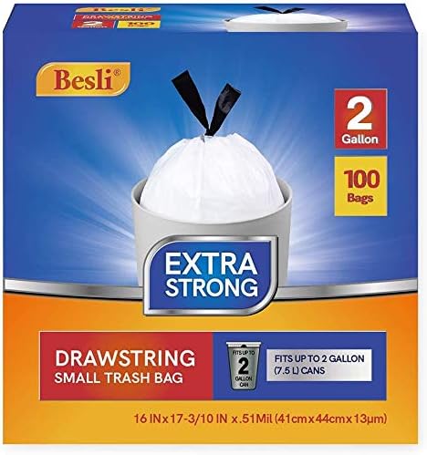 Besli 2 Gallon Drawstring Trash Bag Small Garbage Bag,100 Counts(White, 2 Gallon)