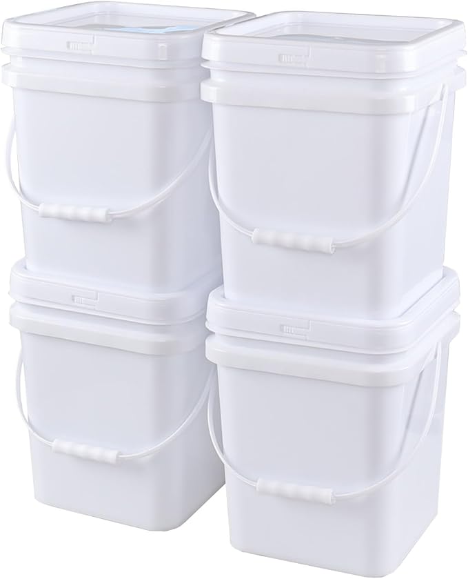 Bringer 4 Pcs 5 Gallon Square Plastic Bucket Pail with Lid, White Utility Square Food Storage Pail