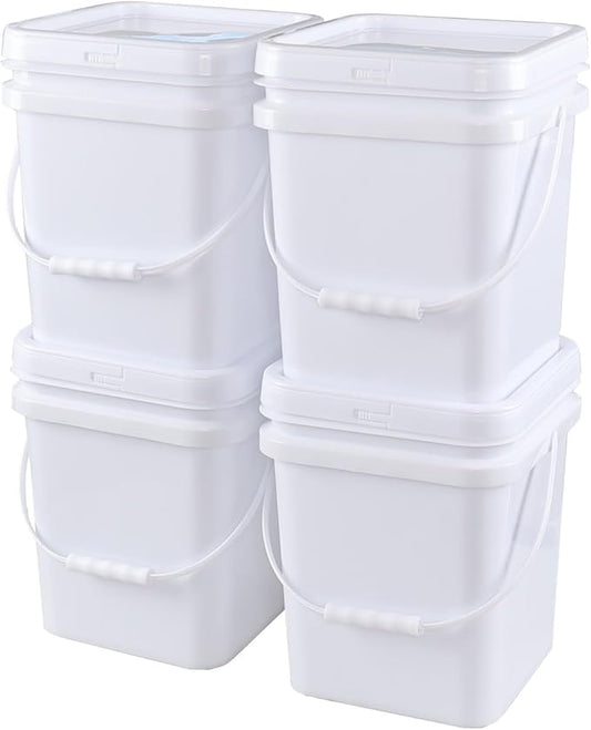 Bringer 4 Pcs 5 Gallon Square Plastic Bucket Pail with Lid, White Utility Square Food Storage Pail