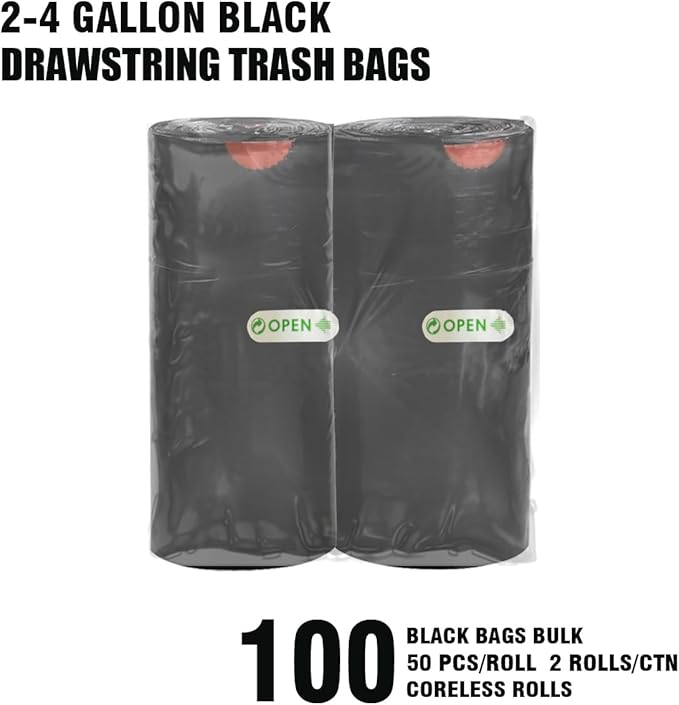 2-4 Gallon Trash Bags Drawstring, 100 Count Bulk, Black & Unscented Small Multi-purpose Garbage Bags for Business Home Bathroom Kitchen Commercial and Industrial