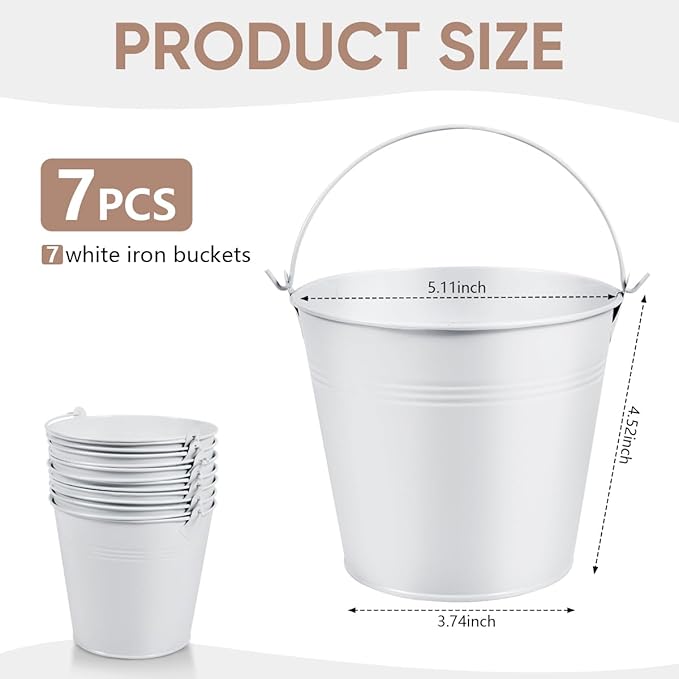 OBTANIM 7 Pack White Metal Buckets with Handle Galvanized Ice Pails for Plants, Succulents, Party Favors Organizing, Rustic Home Decor or Classrooms Pencil Storage (5.1 x 3.6 inch)