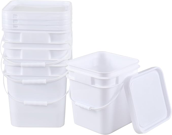 4-Pack Food Grade Bucket with Airtight Lids, Square Bucket with Plastic Handles, 3 Gallon, White