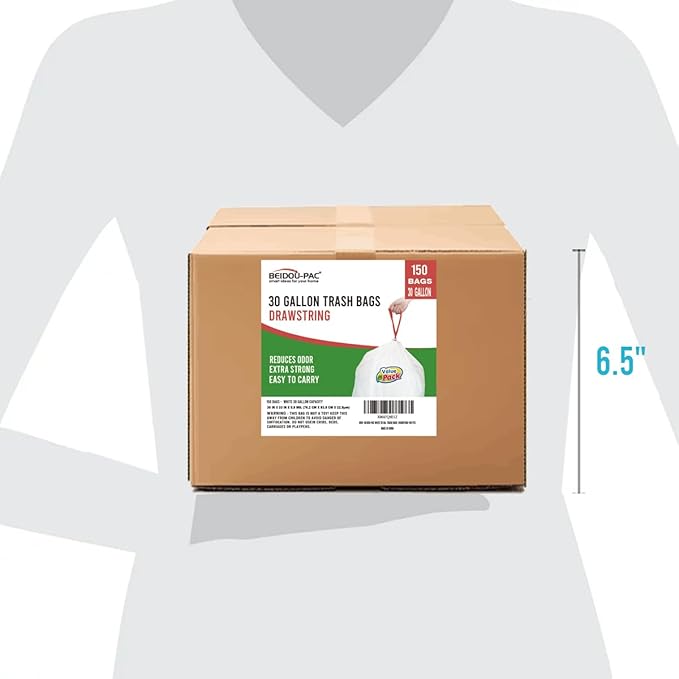 30 Gallon Trash Bags Drawstring, 150 Count, White | Unscented | Heavy Duty Multi-purpose Garbage Bags Can Liners for Business Home Kitchen Commercial and Industrial