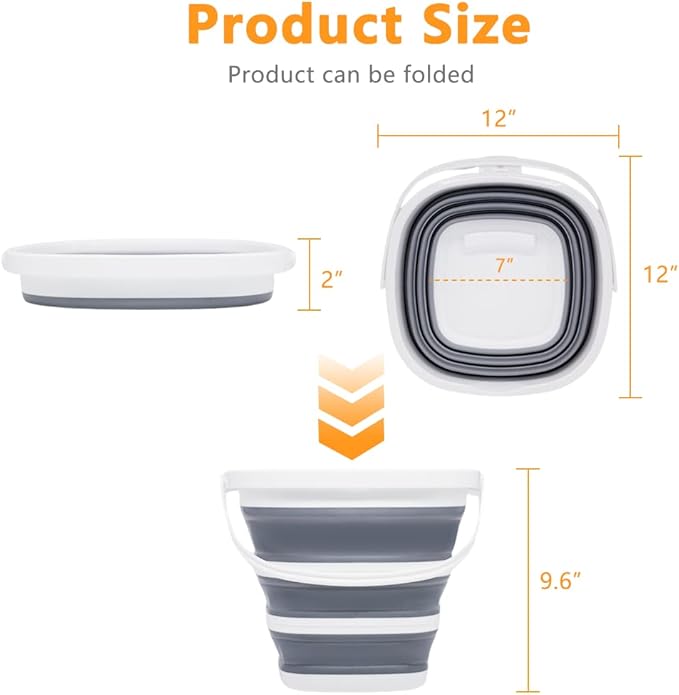 2 Pack Collapsible Bucket, 2.6 Gallon (10L) - Square Foldable Mop Bucket for House Cleaning, Car Washing, Camping - Portable Water Pail for Outdoor, RV, Travel (Grey)