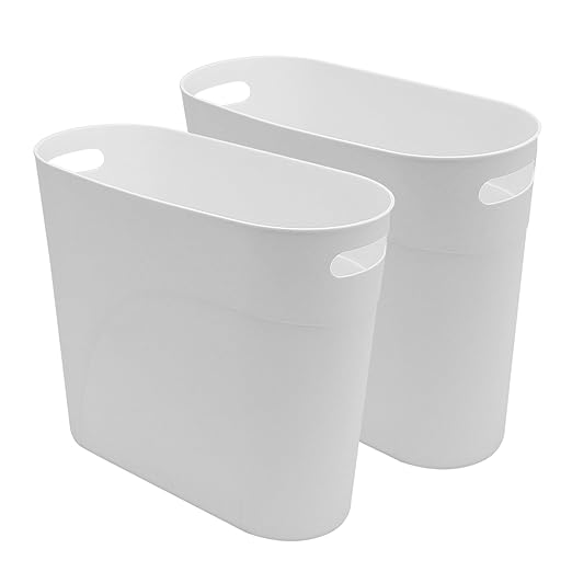 2 Pack 3.2 Gallon Plastic Trash Cans for Bathroom, Small Waste Bins with Handles, Compact Garbage Containers for Narrow Spaces, Recycle Wastebaskets for Office, Kitchen, Bedroom, Living Room (White)