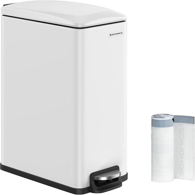 SONGMICS Slim Trash Can, 13-Gallon (50 L) Garbage Can for Narrow Spaces with Soft-Close Lid, Inner Bucket, and Step-on Pedal, Stainless Steel, 15 Trash Bags Included, White ULTB510W48