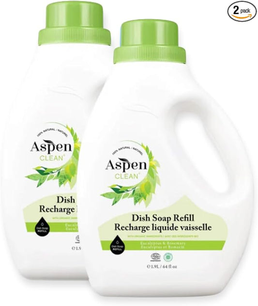 AspenClean Natural Dish Soap Refill Eucalyptus and Rosemary - 100% Natural, Organic, Baby-Safe, Pet-Friendly, Vegan, Cruelty-Free, Biodegradable - EWG VERIFIED & EcoCert Certified (2 Pack)