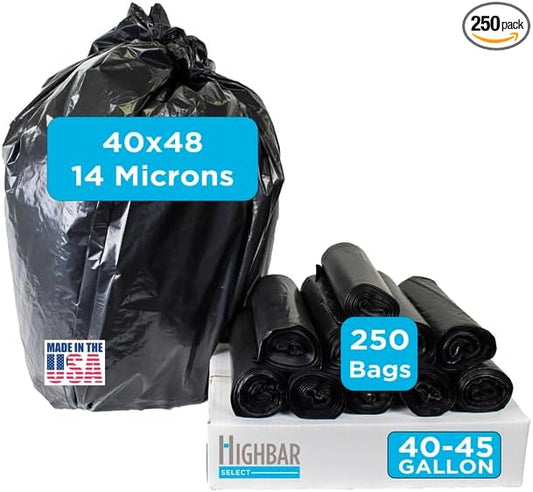 250 Count, 40-45 Gallon Trash Bags, Heavy Duty Black Bags, Ideal for 39, 40, 42, 45 Gallon