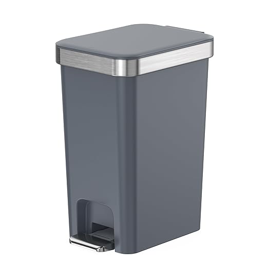 Small Bathroom Trash Can with Lid Soft Close, 10 Liter/2.6 Gallon Slim Garbage Can-Metal Step and Press top Lid, Mini Modern Waste Basket for Toilet, Office, Bedroom,Dorm,Dark Gray