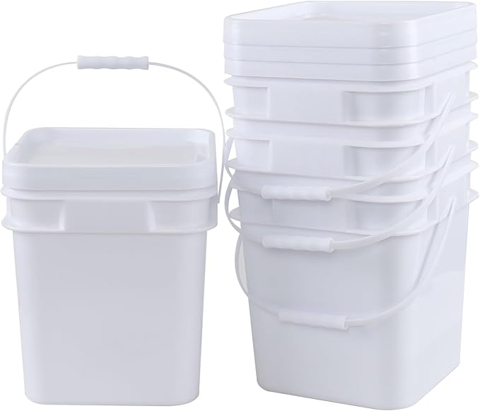 4 Pcs 3 Gallon Square Bucket, White All Purpose Pails and Lids, Heavy Duty Buckets Container for Home Household Cleaning