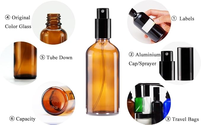 YIZHAO Amber Glass Spray Bottles 4oz, with Small Fine Mist Spray, Metal Cap, Refillable for Essential Oil,Travel,Cleaning,Perfume,Aromatherapy,Makeup – 4 Pcs