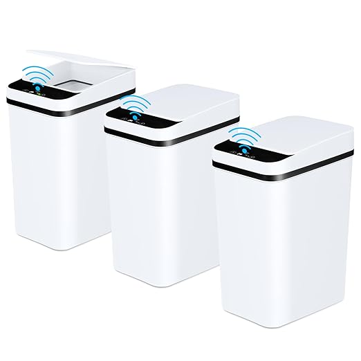 Bathroom Automatic Trash Can 3 Pack 2.2 Gallon Motion Sensor Touchless Small Slim Garbage Can with Lid Smart Electric Narrow Garbage Bin for Bedroom Living Room Office Kitchen (White)