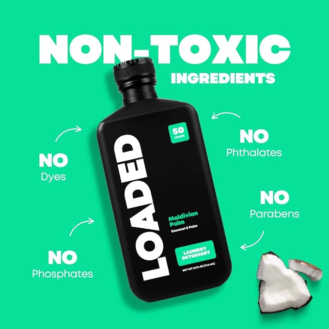 Loaded Laundry Detergent, Cologne Scented | 50 Loads | Coconut & Palm | Non-Toxic & Skin-Friendly | Made in USA | 32 oz