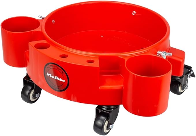 Maxshine 5 Gallon Universal Rolling Bucket Dolly (Red) | Heavy-Duty Detailing Bucket Cart with 5 Wheels & 2 Locking Casters | Mobile Organizer for Compounds, Brushes & Car Wash Supplies