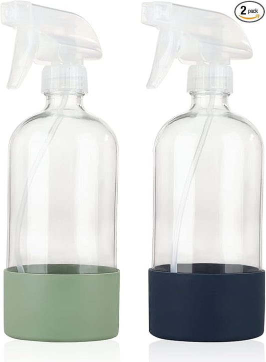 HOMBYS 16 Oz Clear Glass Spray Bottles with Silicone Sleeve,Empty Boston Bottle Spray Bottle with Adjustable Nozzle,Refillable Container for Cleaning, Essential Oils, Hair, Plants