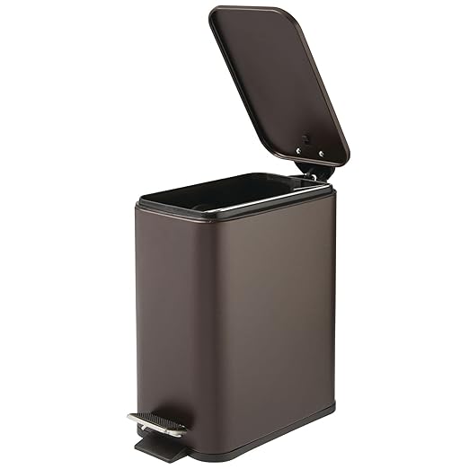 mDesign Rectangular Pedal Bin – 5 L Metal Waste Bin with Pedal, Lid and Plastic Bucket Insert – Household Rubbish Bin for Bathroom, Kitchen and Office – Bronze