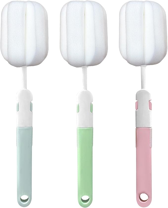 Sponge Bottle Brushes 3 Piece Baby Bottle Brushes Long Handle Cup Scrubber Brush Portable Sponge Bottle Cleaning Brush (3PCS)