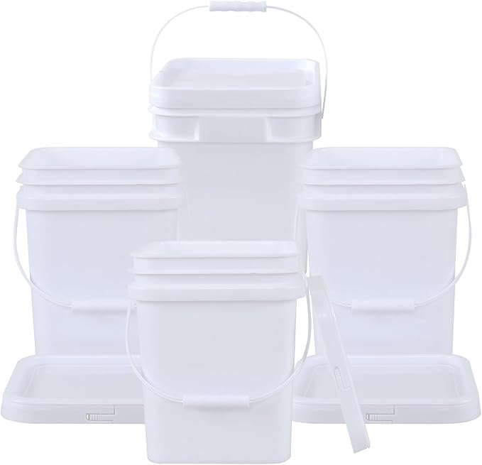 Square White Plastic Bucket with Sealable Lid, 4.8 Gallon Food Grade Storage Bucket, 4 Pack
