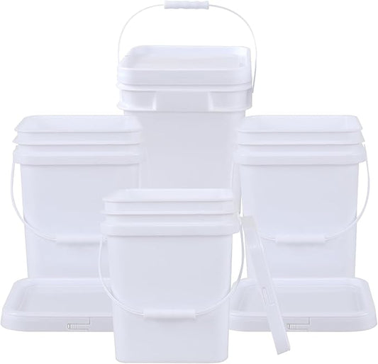 Square White Plastic Bucket with Sealable Lid, 4.8 Gallon Food Grade Storage Bucket, 4 Pack