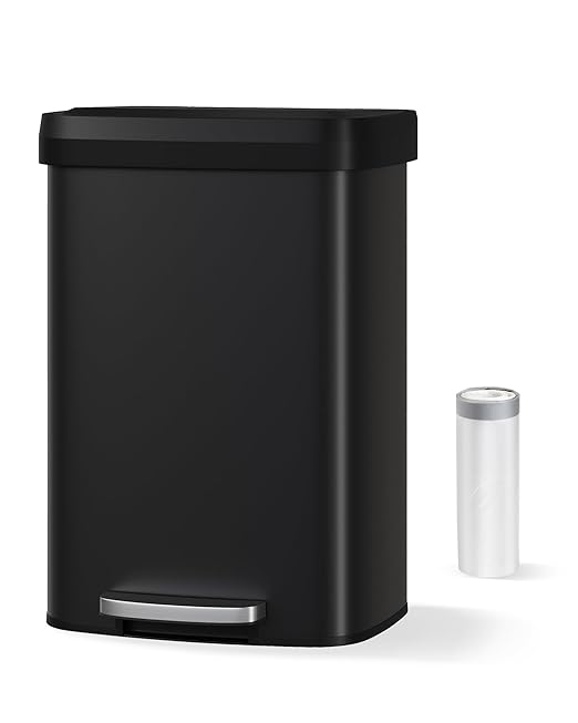 Garvee 13 Gallon / 50 Liter Metal Trash Can with Lid, Large Garbage Can for Kitchen, Rustproof Step-on Kitchen Metal Trash Bin with Liner Rim, Rear Handle, Soft Close Plastic Lid, Black
