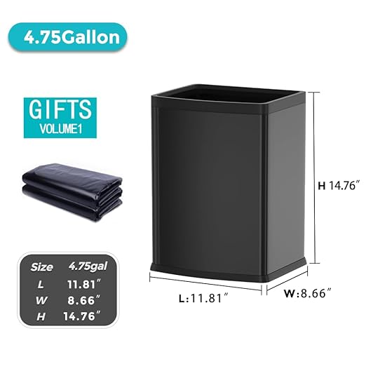 4.7 Gallon/18L Black Trash Can,Commercial Metal Trash Bin, Large Capacity Garbage Can, Business Waste Basket, for Desk, Office,Kitchen, Hotel, Home(18L Black)