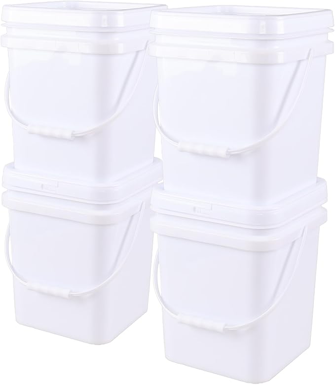 4 Gallon 4 Pack Plastic Square Utility Food Bucket with Lid and Handle, Utility Pail, White