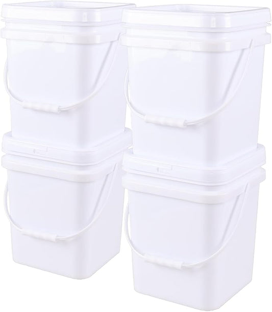 4 Gallon 4 Pack Plastic Square Utility Food Bucket with Lid and Handle, Utility Pail, White