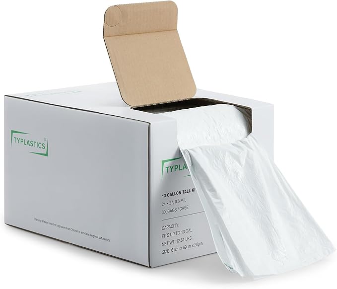 TYPLASTICS FleTex Tall Kitchen 13 Gallon Drawstring Trash Bags, 300 Bags, 24in x 27in, Unscented, White, Wholesale Pack