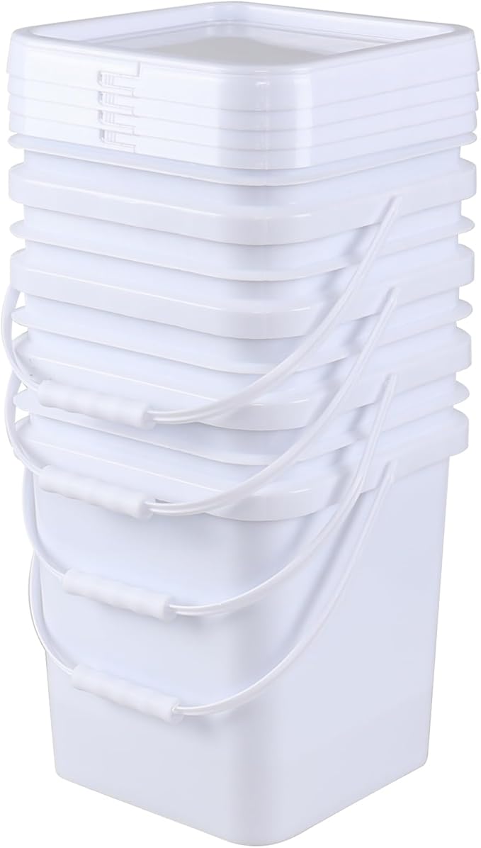 4 Packs Square Food Buckets with Lid, 5 Gallon Plastic Lidded Storage Bucket, Utility Pail, White