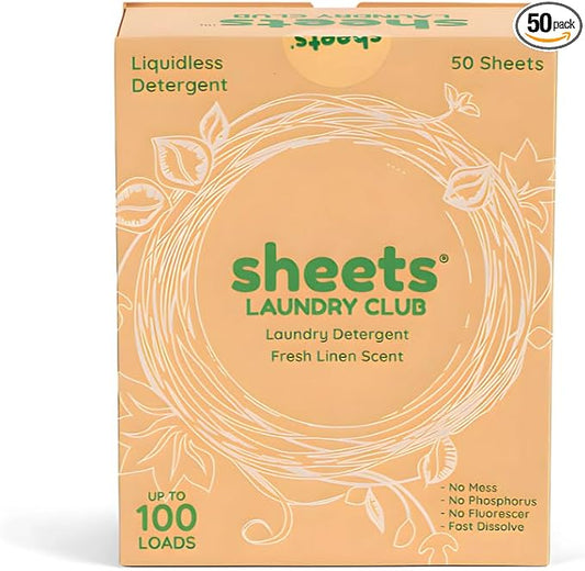 Sheets Laundry Club Laundry Detergent Sheets – 50 Sheets (100 Loads), Fresh Linen, Hassle-Free Laundry, Quick-Dissolving, Hypoallergenic, Septic Safe, Plastic-Free Packaging