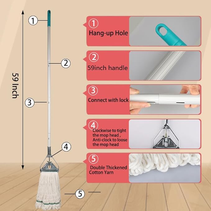 OFO Loop-End String Mop with Extra Head Replacement - Heavy Duty Commercial Industrial Grade Mop, 59Inch Handle for Floor Cleaning Home, Kitchen, Garage, Office and Wooden/Tile Floor