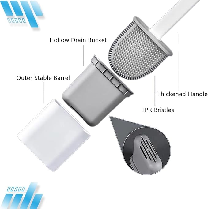 Toilet Brush Silicone and Holder Set – Pack of 1 Wall Mounted Toilet Brush White – Long Non-Slip Handle, Flexible Bristles for Easy Cleaning – Modern Toilet Scrubber Brush