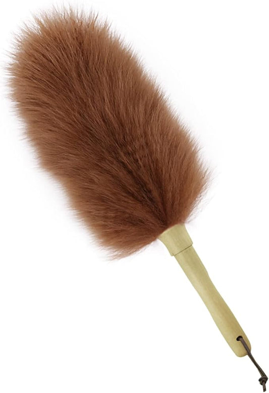 Lambswool Duster 14'' Length Solid Wooden Handle Leather Hang Strap for Cleaning Ceiling Fans Window Blinds Computer Furniture Figurines TV Natural Feather Duster,Brown