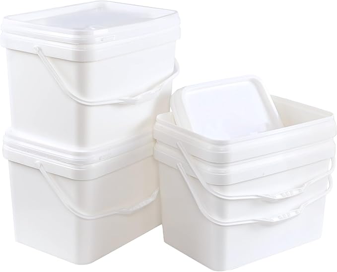 4-Pack 5 Gallon Plastic Rectangular Bucket Pail with Snap Lid, Square Food Bucket Pail Container with Handle, White