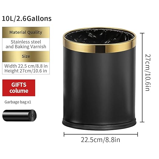 10L/2.6GAL Black and Gold Open Top Trash Can - Metal Trash Bin Without Lid for Office, Hotel, Store, Restaurant