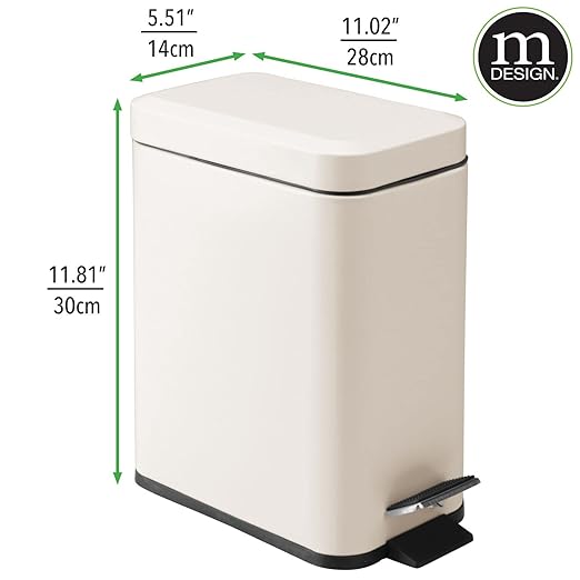 mDesign Small Modern 1.3 Gallon Rectangle Metal Lidded Step Trash Can, Compact Garbage Bin with Removable Liner Bucket and Handle for Bathroom, Kitchen, Craft Room, Office, Garage - Cream/Beige