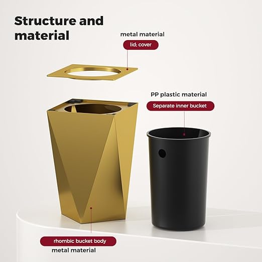 2.6GAL Gold Bathroom Trash Can,Brass Tarsh Can,Open Top,Stainless Steel,Waterproof,Double-Layer with Inner Lining for Bathroom,Bedroom,Office,Living Room,Hotel (Gold)