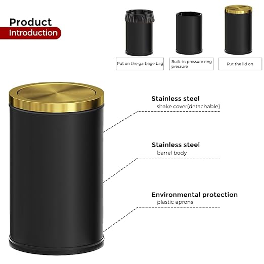 Black and Gold Bathroom Trash Can,Bathroom Trash can with Swing Lid，Small Trash Can with Flipping Lid, 4.8gal Garbage cans for Bedroom,Living Room, Guest Room,Office,Hotel(4.7gal-Black)